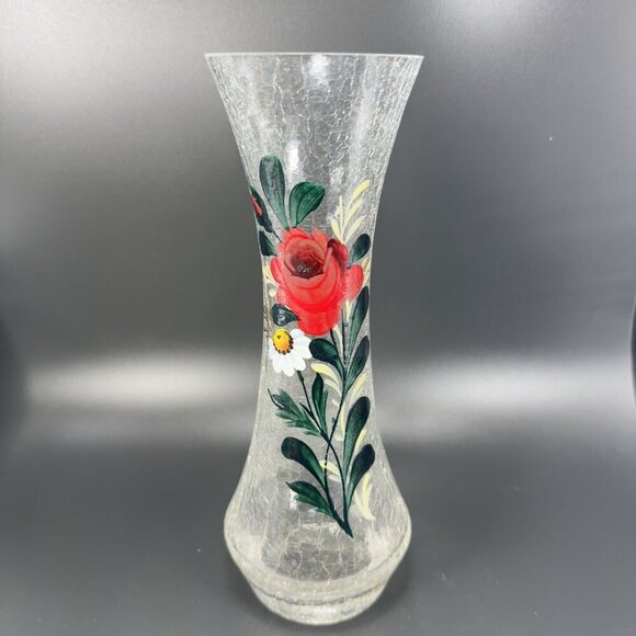 Vintage Tall Art Glass Vase Clear Crackle Glass Vessel Vase With Floral Pattern - Picture 13 of 14